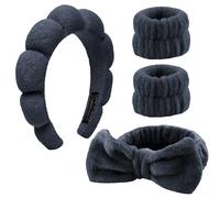 4 Pieces Spa Headband for Washing Face, Skincare Terry Cloth Headband Wristband Set,Elastic Hairbands Face Washing Wristband,Sponge Puffy Makeup Headbands for Women Girls Shower,Sports,Yoga (Black)