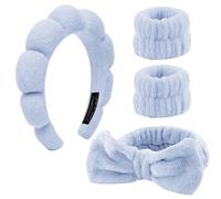 4 Pieces Spa Headband for Washing Face, Skincare Terry Cloth Headband Wristband Set,Elastic Hairbands Face Washing Wristband,Sponge Puffy Makeup Headbands for Women Girls Shower,Sports,Yoga(Blue)