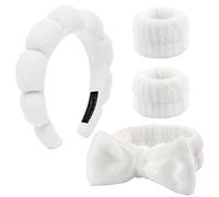4 Pieces Spa Headband for Washing Face, Skincare Terry Cloth Headband Wristband Set,Elastic Hairbands Face Washing Wristband,Sponge Puffy Makeup Headbands for Women Girls Shower,Sports,Yoga(White)