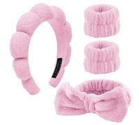 4 Pieces Spa Headband for Washing Face, Skincare Terry Cloth Headband Wristband Set,Elastic Hairbands Face Washing Wristband,Sponge Puffy Makeup Headbands for Women Girls Shower,Sports,Yoga (Pink)