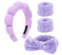 4 Pieces Spa Headband for Washing Face, Skincare Terry Cloth Headband Wristband Set,Elastic Hairbands Face Washing Wristband,Sponge Puffy Makeup Headbands for Women Girls Shower,Sports,Yoga (purple)