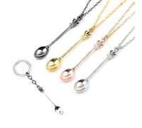 4 Pieces Spoon Necklace with 1 Pieces Keychain, Mini Spoon Charm, Hidden Spoon Charm, Tea Spoon Necklace Set for Prom, Party (Gold, Silver, Rose Gold, Black)