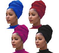 4 Pieces Stretch Jersey Turban Head Wrap Knit Headwraps Urban Hair Scarf Solid Color Ultra Soft Extra Long Breathable Head Band Tie for Girl Women