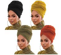 4 Pieces Stretch Jersey Turban Head Wrap KnitHeadwraps Urban Hair Scarf Solid color u1tra Soft Extra LongBreathable Head Band Tie for Women(Black/Army Green/Orange/Turmeric)