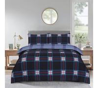 4 Pieces Super King Size Complete Bedding Set Check Navy Color Cotton Rich Duvet Cover Fitted Sheet and 2 Pillowcases Soft Breathable and Durable