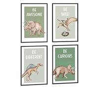 4 Pieces Wall Art Canvas Poster Inspirational Quotes - Dinosaur Cartoon Animals Picture Painting - Prints Framed for Home Kids Room Decor - 8'' X 12''