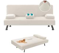 4 Pieces Waterproof Quilted Convertible Folding Futon Cover + 2 Removable Armrests & 1 Cup Holder Cover Click Clack Sofa Bed Cover 3 Seater (White)