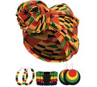 4 Pieces Women African Jewelry Sets Jamaican Turban Black History Wood Earrings Jamaica Beaded Bracelet Rasta Kente Cloth Head Wrap Kwanzaa Gifts for Women