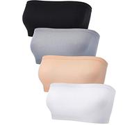 4 Pieces Women's Bandeau Bra Strapless Bralette Seamless Bandeau Non-Padded Stretch Top Bra(Black, White, Skin Color, Grey, XX-Large)