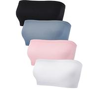 4 Pieces Women's Bandeau Bra Strapless Bralette Seamless Bandeau Non-Padded Stretch Top Bra(Light Blue, Pink, White, Black, X-Large)