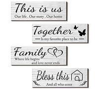 4 Pieces Wooden Home Wall Art Decor, Rustic, Farmhouse THIS IS US/TOGETHER/BLESS THIS HOME/FAMILY Decor Signs For Living Room Bedroom, 4.7 x 13.8 Inch(White)
