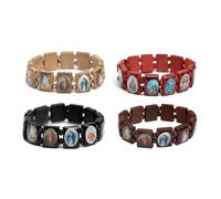 4 Pieces Wooden Jesus Bracelet Saints Rosary Stretchable Wooden Bracelet with Small Plates with Images of Religious Saint Jesus Gift for Men and Women, Large