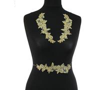 4 Pieces x Floral lace Applique Stitch On Bridal Dress Motif Trim Rhinestone Crystal #1 (Metallic Gold with Clear Crystal)