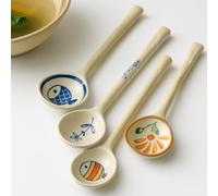 4 Porcelain Soup Spoons with Long Handles, Featuring Hand-Painted Designs Inspired by Japanese and Asian Styles | Round Shape Ideal for Enjoying Ramen, pho, Miso, Rice, and Other soups