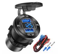 4-Port 12V USB Socket Aluminium Charger, 78W Dual PD & QC Car U-S-B Connection, USB C Cigarette Lighter Replacement 12 Volt Socket with Voltmeter Waterproof for Boat, Motorcycle, Motorhome
