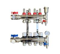 4 Port Complete Underfloor Heating Manifold with Pipe Connections, Ball Valves with Thermometers Set of 2, Automatic Air Vent & Pressure Gauge (Copper 15mm eurocones)