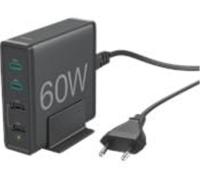 4-Port Fast Charger, 2 x USB-C PD/QC, 2 x USB-A, 60 W, Black