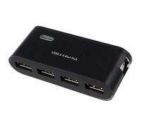 4-port USB 2.0 HUB in stylish black color, ideal for expanding your connectivity. Includes power supply and USB cable, perfect for powering your devices.