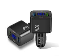 4-Port USB-C Car Charger, 90W Fast Charging with LED Voltage Display, QC 4.0 & PD 3.0 Compatible, Compact for Cars(Black)