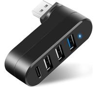4 Ports USB 3.0 Hub [90°/180° Degree Rotatable], USB Splitter Extender Multi-Port Adapter with 3 USB Ports & 1 USB C Power/Data Port, for Laptop, Car, MacBook Pro/Air, Keyboard (Black)