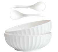 4 Quarts 2 Pcs Extra Large White Serving Bowls with Free Spoons, 12 inch Oversized Big Salad Bowls For Entertaining, Eating, Ceramic Serving Dishes, Pumpkin Serving Bowl Set For Fruit Soup Pasta