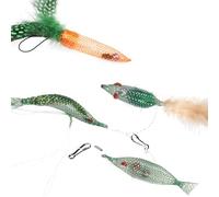 4 Refills Set for Cat Wand Toy - Carrot, Shrimp, Mouse, Fish, with Natural Feathers, Soft & Elastic, Shiny Mesh, Ideal for Interactive Cat Play