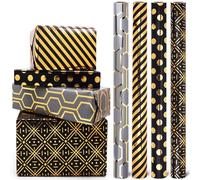 4 Roll Black Gold Metallic Foil Birthday Wrapping Paper Mini Rolls, 43cm x 3m Black Gold Polka Dots/Stripes/Buffalo Plaids Glitter Metallic Foil Gift Wrap Paper Rolls for Birthday Gift Wrapping