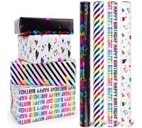 4 Roll Happy Birthday Metallic Foil Wrapping Paper Mini Rolls, 43cm x 3m Rainbow Birthday Letter/Love Heart/Stripes Glitter Metallic Foil Gift Wrap Paper Rolls for Birthday Gift Wrapping