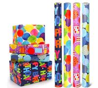 4 Roll Happy Birthday Wrapping Paper Mini Rolls, 43cm x 12m Colorful Stars Balloons Happy Birthday Gift Wrap Paper Rolls for Kids Birthday Gift Wrapping Party Supplies Decoration