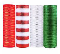 4 Rolls 10 inch x 10 Yards Christmas Deco Mesh Rolls for Wreath Making White Stripe Green Red Xmas Poly Ribbon Christmas Mesh Ribbon Rolls for Xmas Wreath Garland Crafting Tree Decorations