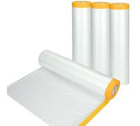 4 Rolls 2.4M x 20M Plastic Dust Sheet for Decorating, Self-Adhesive Painting Drop Film, Waterproof & Tear Resistant Polythene Sheeting, Transparent Masking Film for Painting Furniture Floor Covering