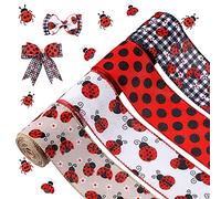 4 Rolls 2.5 Inch x 24 Yard Ladybugs Canvas Ribbons Lady Bug Wire Edged Wrapping Ribbon Red Polka Dot Wired Edge Ribbon Grosgrain Red Dot Craft Ribbon for DIY Crafting Wrapping Party Decoration