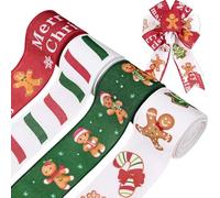 4 Rolls 20 Yards Christmas Wired Ribbons 2.5 Inch Gingerbread Ribbons Wired Xmas Candy Cane Ribbons Gingerbread Gift Wrapping Ribbon for Christmas Tree DIY Bows Wreath Decorations