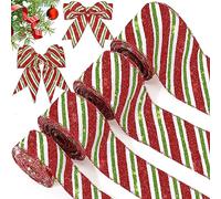 4 Rolls 24 Yards Christmas Candy Cane Wired Ribbons 1.0 Inch 1.5 Inch 2.0 Inch 2.5 Inch Glitter Dot Stripe Craft Ribbons Decorative Wrapping Ribbon for Christmas Tree Home (Red, White, Green,Stripe)