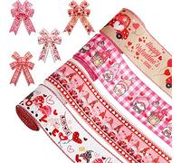 4 Rolls 24 Yards Valentine's Day Ribbons Gnome Wired Edge Ribbon Heart Patterned Ribbon Truck Burlap Pink Ribbon for Present Wrapping DIY Crafts Decorative Bow Wreath Home Decorations