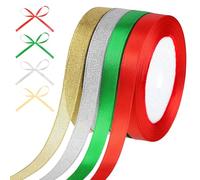 4 Rolls 3/8" Christmas Ribbon, Glitter Metallic Ribbon & Satin Ribbons Set Total 100 Yards Holiday Festival Satin Ribbons for Christmas DIY Crafts Party Decoration
