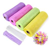 4 Rolls 40 Yards Christmas Deco Mesh Rolls Metallic Mesh Ribbon Craft Mesh with Chenille Stems and Clear Zip Ties for Wreaths Tree Garland DIY Craft Supplies Party Decoration (Fresh Colors,10 Inch)