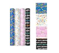 4 Rolls Birthday Gift Wrapping Paper - 3M x 70cm Wrap - Unisex Happy Birthday Paper - Assorted Colourful Bday Greeting Script - Suitable for All ages - Boys, Girls, Men, Women, Kids, Adults.