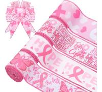 4 Rolls Breast Cancer Wired Edge Ribbon, 20 Yards Motivational Words Hope Faith Strength Courage Ribbon for Breast Cancer Bow Wreath Making
