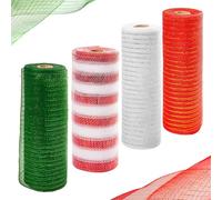4 Rolls Christmas Deco Mesh Rolls for Wreath Making 10 inch x 10 Yards White Stripe Green Red Xmas Poly Ribbon Christmas Mesh Ribbon Rolls for Xmas Wreath Tree Garland Crafting Decorations