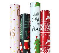 4 Rolls Christmas Wrapping Paper, 30 Inch x 14.8 Feet per Roll, Totaling 148 sq. ft. - Reindeer, Tree, Snowflake & Pink Letter Designs, Eco-Friendly & Durable Gift Wrap for Christmas Presents and