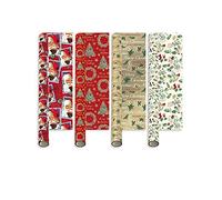 4 Rolls Christmas Wrapping Paper - 5m Each, 4 Traditional Festive Designs, 20m Total - Premium Xmas Gift Wrap for Holiday Presents
