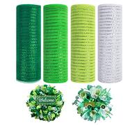 4 Rolls Deco Mesh Ribbon, 10 Inch x 30 Feet Each Roll Metallic Foil Burlap Ribbon for Wreaths St. Patrick's Day Easter Christmas Party Decorations DIY Crafts Supplies