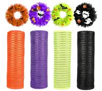 4 Rolls Halloween Mesh Ribbon for Wreath 10 Inch x 30 Feet Halloween Deco Mesh Metallic Foil Poly Decorative Mesh Ribbon Rolls for DIY Front Door Wreath Swag Craft Wrapping Halloweens Party Decoration