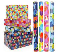 4 Rolls Happy Birthday Wrapping Paper - Mini Rolls - 0.43x12m Colorful Stars Balloons Patterns Gift Wrap Paper Rolls for Birthday Baby Shower Party Supplies