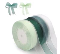 4 Rolls Ribbons for Crafting, White and Green Organza Ribbon, 45 m x 20 mm Gift Wrapping Ribbon, for Bows, Gifts, Bouquets and DIY Decorations