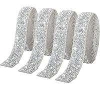 4 Rolls Silver Resin Rhinestone Ribbons Self-Adhesive Crystal Ribbon Roll Glitter Resin Diamond Belt Bling Sparkling Diamond Ribbon Bling Stickers Wrap Crystal Roll for DIY Arts Crafts,30mm