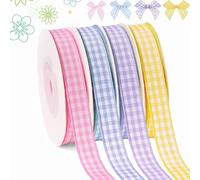 4 Rolls Spring Gingham Ribbon, Easter Buffalo Plaid Ribbon Thin Checkered Polyester Fabric for Gift Wrapping DIY Crafts Picnic Home Party Decor, Pink/Purple/Blue/Yellow, 10 Yds x 3/8 In, Total 120 Fts