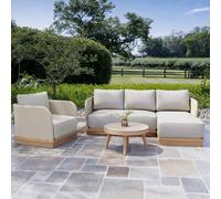 4 Seater Beige Wood Effect Rattan Garden Chaise Sofa Set with Round Coffee Table