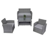 4 Seater Rattan Garden Furniture Set - 2 Chairs, Loveseat Sofa, Coffee Table - Grey Outdoor Patio Set with Cushions, Tempered Glass Table - Steel Frame Lounge Seating